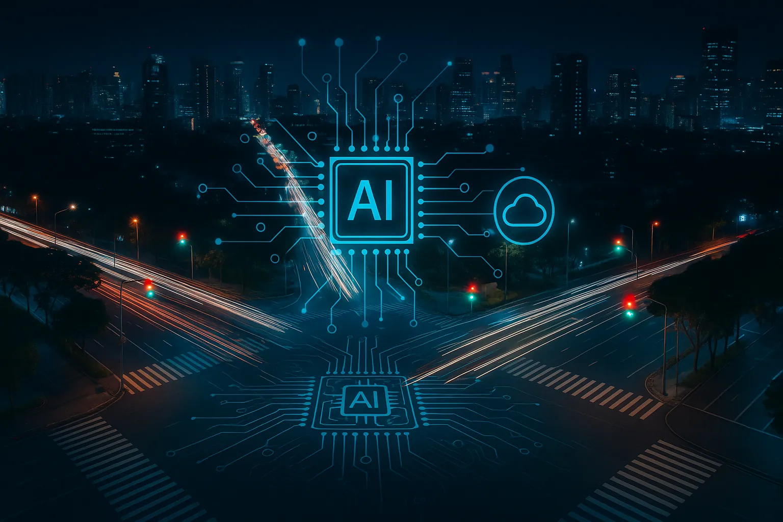 Futuristic illustration of Jakarta cityscape showing AI-controlled smart traffic lights and connected vehicles at dusk, representing an intelligent transportation system powered by artificial intelligence for efficient urban traffic management and reduced congestion.